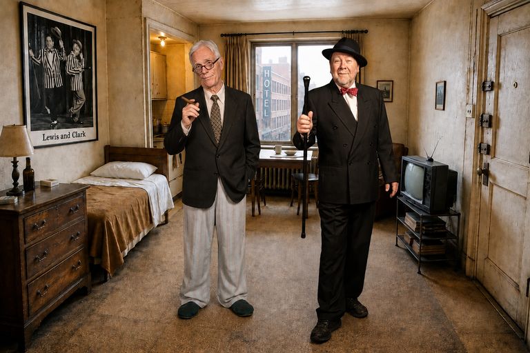 Actors Robert Cusenza and Robin Schmaelzkopf posing in character for Neil Simon’s comedy play 'The Sunshine Boys'.